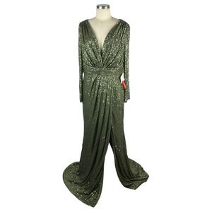MAC DUGGAL IEENA 26490 Olive Green Sequin V-Neck Maxi Gown Women's Size 14 NWT